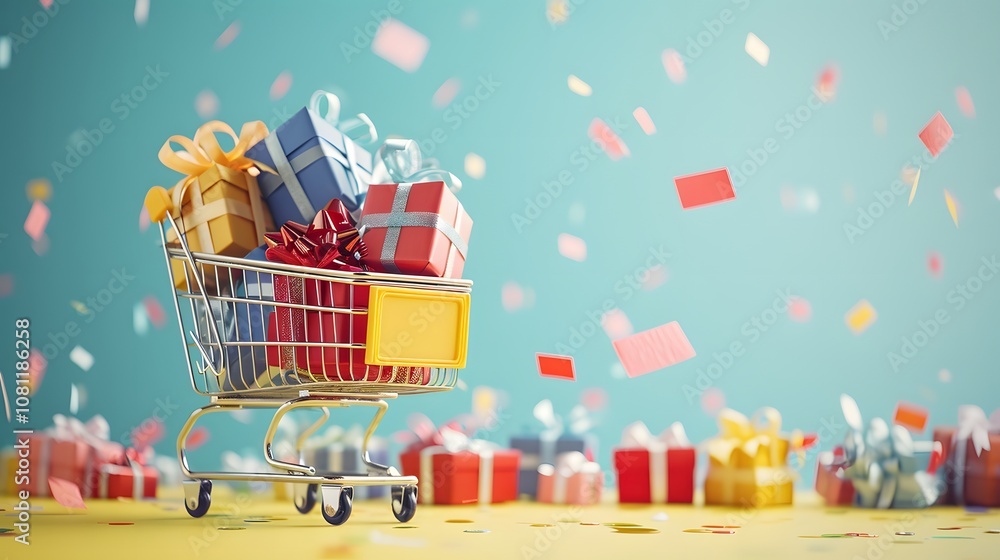 Poster a dynamic scene capturing a shopping cart overloaded with assorted gift boxes symbolizing the excite