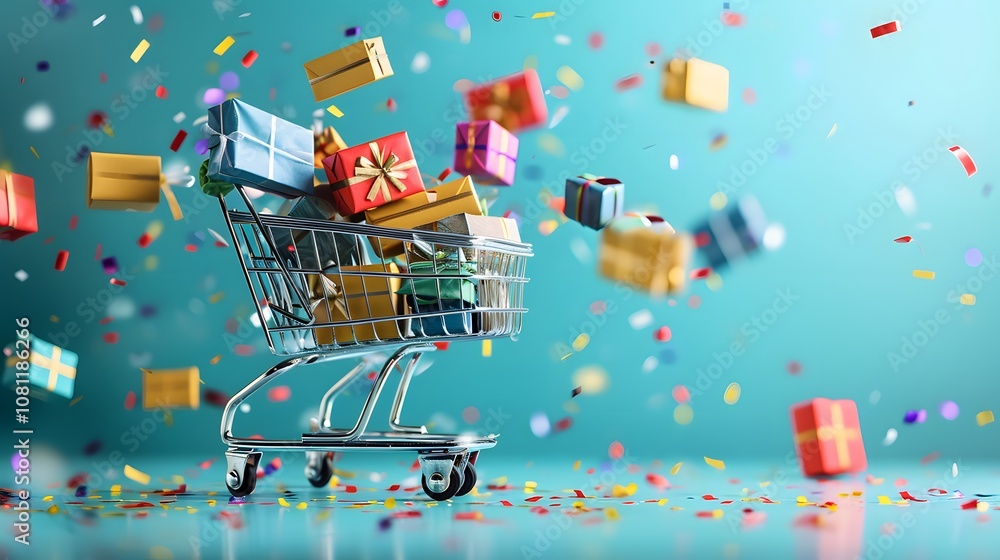 Poster a dynamic scene capturing a shopping cart overloaded with assorted gift boxes symbolizing the excite