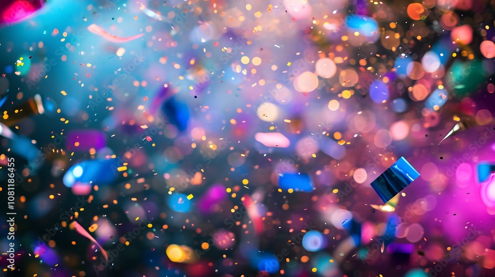 Poster a festive and energetic scene portrayed in a photo with colorful confetti creating a dynamic and blu