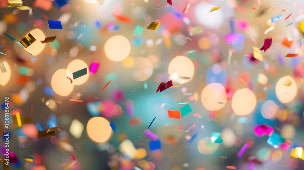 Poster a festive and energetic scene portrayed in a photo with colorful confetti creating a dynamic and blu