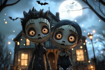 A pair of animated, spooky siblings with stitched features and wide