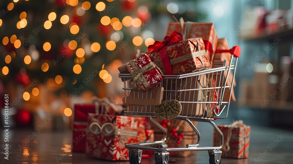 Poster a festive display of a shopping cart filled with beautifully wrapped presents creating a warm and in