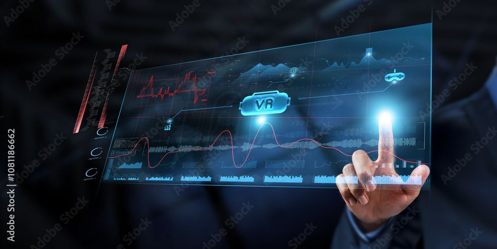 Poster virtual reality (vr): businessman analyzes data strategy with graph on digital screen. immersive exp