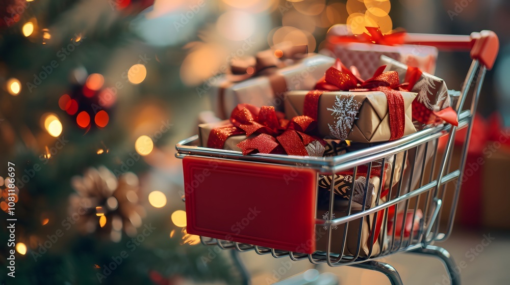 Poster a festive display of a shopping cart filled with beautifully wrapped presents creating a warm and in
