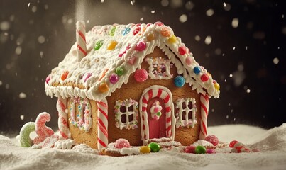 Gingerbread house decorated with icing, candy canes, gumdrops, and other colorful sweets, surrounded by powdered sugar snow