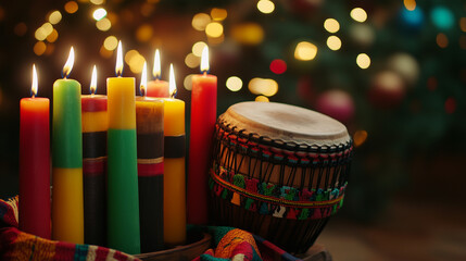Fototapeta premium Kwanzaa candles with African drum and festive lights