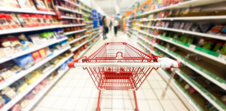 Pusty koszyk, w&oacute;zek sklepowy w supermarkecie, rozmazane tło, wnętrze sklepu, supermarketu, w&oacute;zek na zakupy, p&oacute;łki sklepowe z produktami. Hipermarket. Baner, miejsce na tekst.