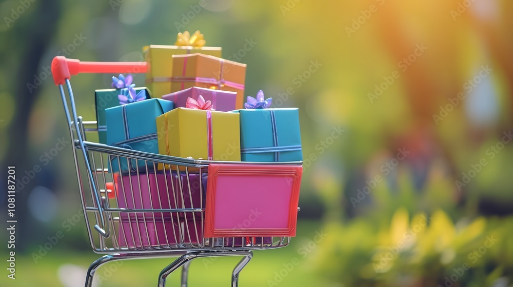 Poster a joyful and vibrant image featuring a shopping cart filled with colorful gift boxes creating a live