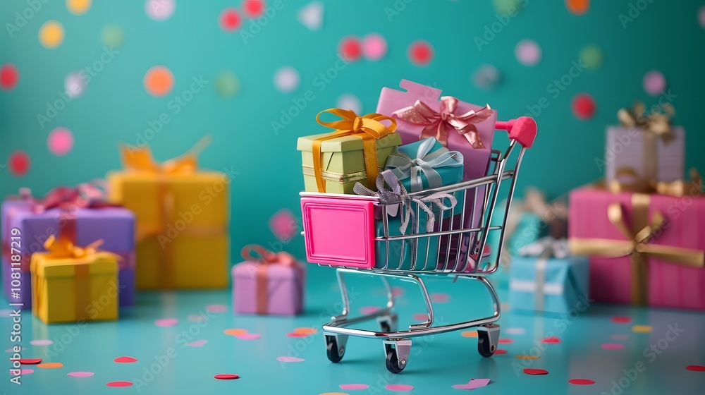 Poster a joyful and vibrant image featuring a shopping cart filled with colorful gift boxes creating a live