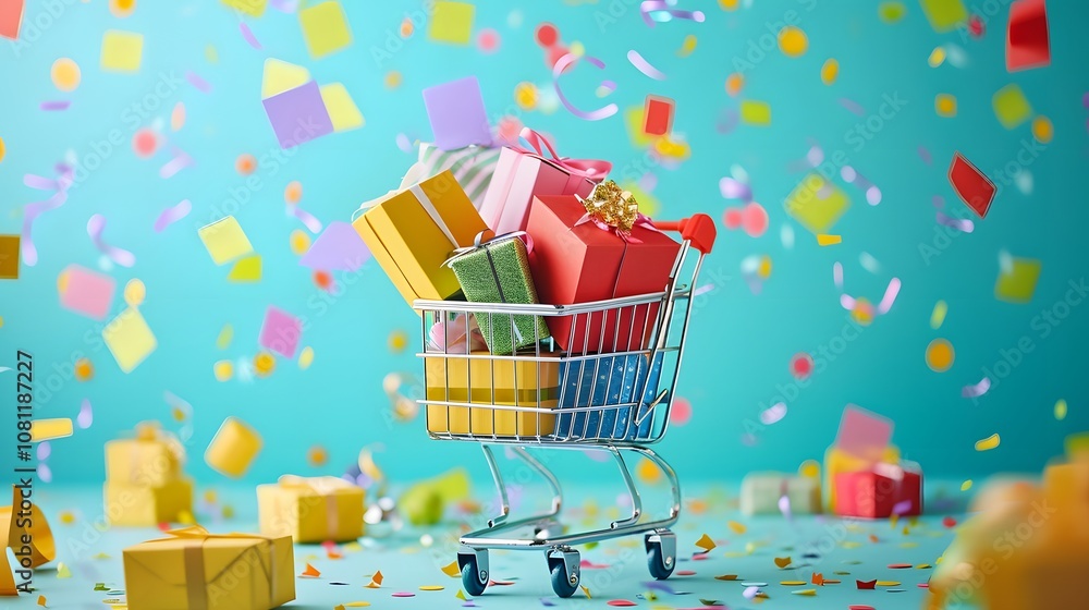Poster a joyful and vibrant image featuring a shopping cart filled with colorful gift boxes creating a live