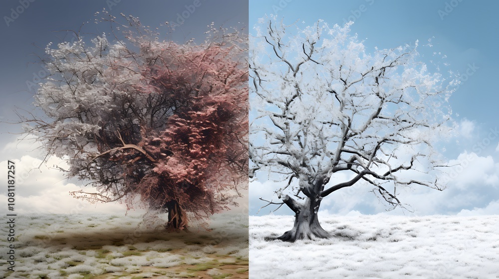 Poster a leafless tree in winter and the same tree blooming in spring ai generated illustration