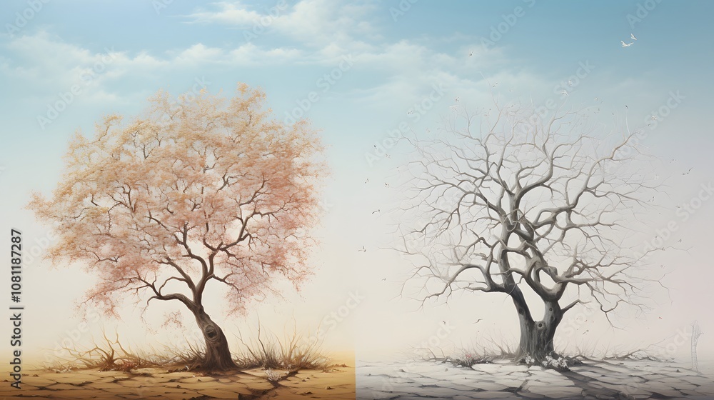 Poster a leafless tree in winter and the same tree blooming in spring ai generated illustration