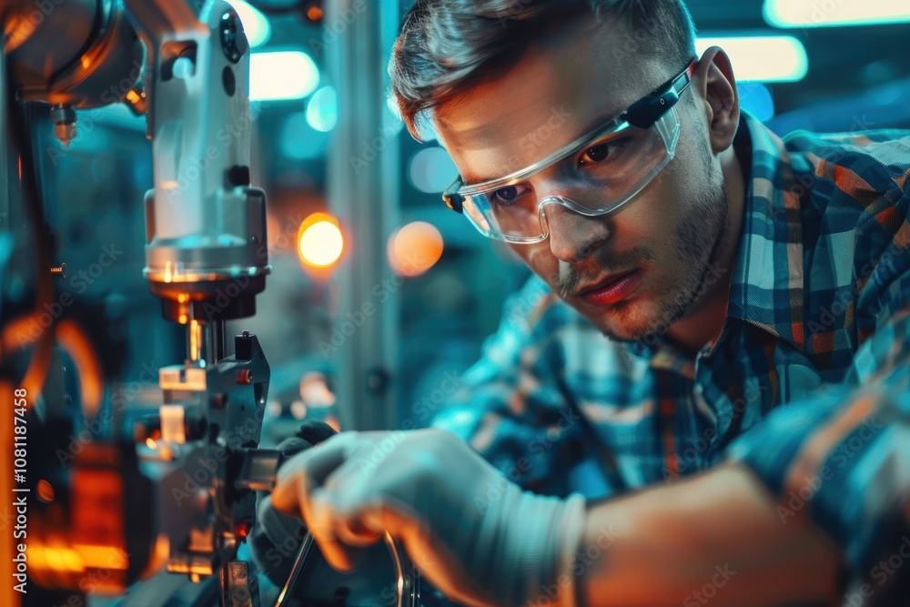 Aufkleber focused assembly line worker adjusting robotic arm in high-tech production environment