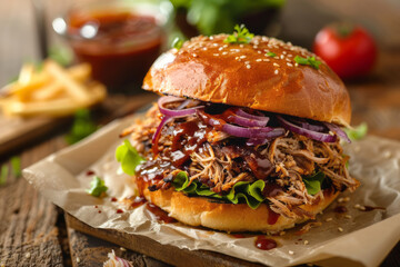 Pulled pork burger with homemade bbq sauce on a wooden board.