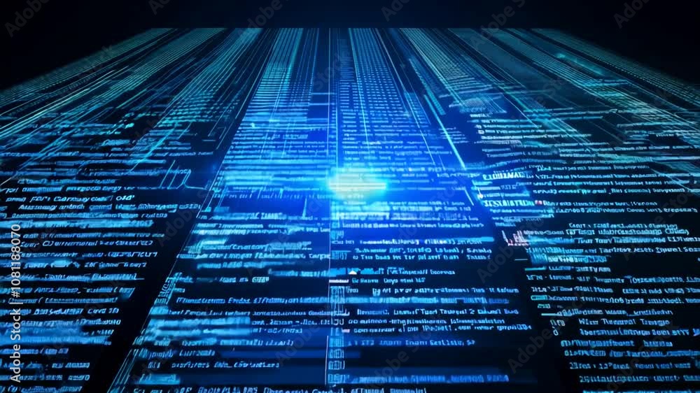 Poster glowing blue digital data lines scrolling across a dark background generative ai