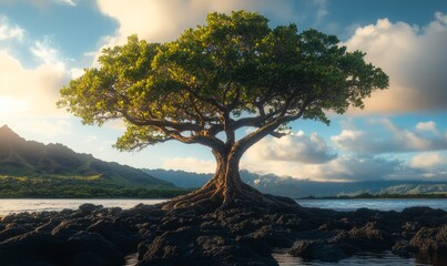 Majestic Ancient Tree Rooted in a Tranquil Island Landscape Exuding Resilience and Spiritual Harmony
