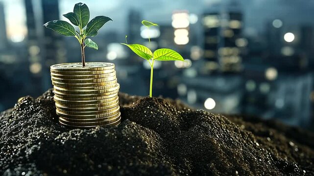 A close-up of golden coins stacked on rich soil, with a small tree growing from the top, set against a background of a bustling city skyline, symbolizing urban financial growth and