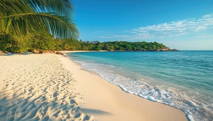 A serene tropical beach with white sand, crystal-clear water, and lush palm trees on a sunny day.