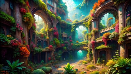 Obraz premium Abandoned space colonies covered with alien vegetation. Overgrown ruins with lush vegetation and fantasy architecture