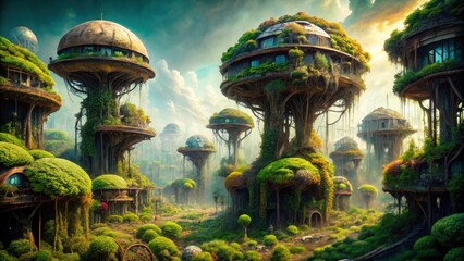 Abandoned space colonies covered with alien vegetation. Towering biodome structures with greenery in sci-fi cityscape


