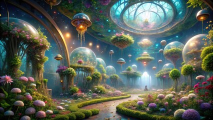 Abandoned space colonies covered with alien vegetation. Enchanted indoor garden with floating biodomes and glowing flora