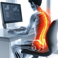 Anatomical illustration of a person with poor posture, highlighting compression in the lumbar spine