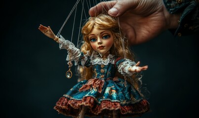 Fototapeta premium Male hand, puppeteer controls the puppet puppet with strings. A doll on her knees. The concept of world conspiracy, world government, manipulation, control.