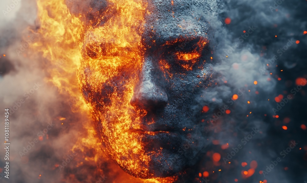 Poster man face merging with fire and smoke generative ai concept
