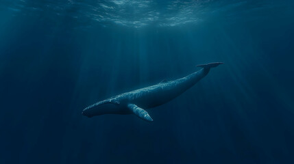 Obraz premium Majestic Whale in Deep Ocean Sunlight, blue whale, humpback whale, underwater, sea, marine
