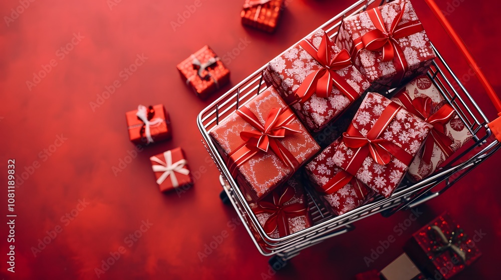 Poster a topdown view of a shopping cart filled with neatly stacked gift boxes creating an organized and vi