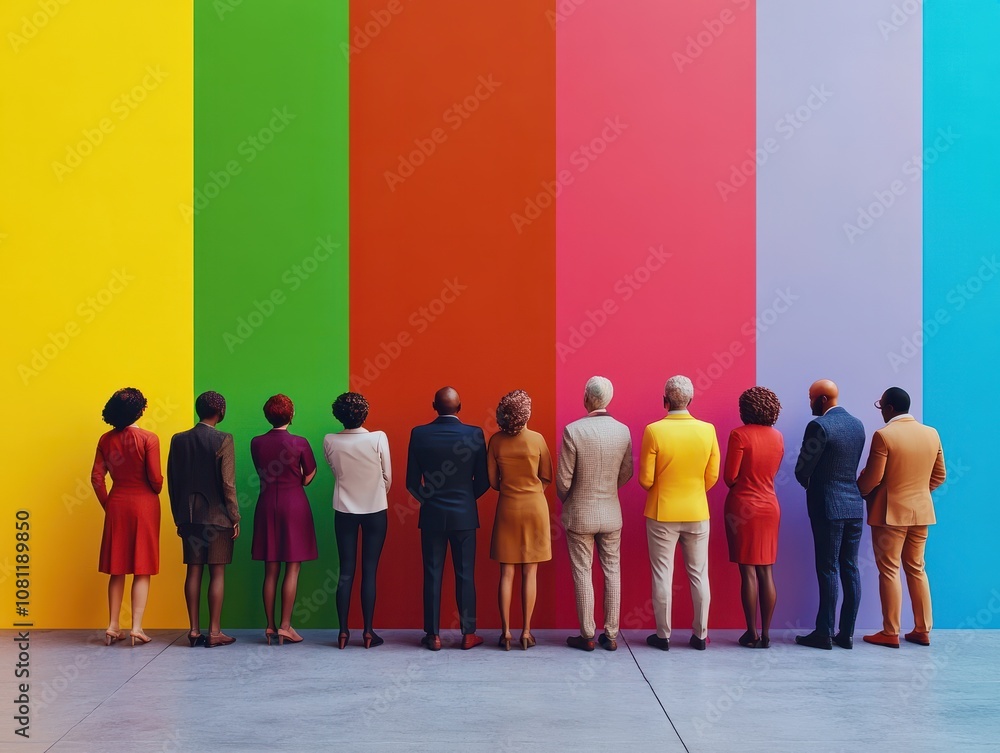 Aufkleber diverse characters gather around a color wall, symbolizing inclusivity and unity in business and fin