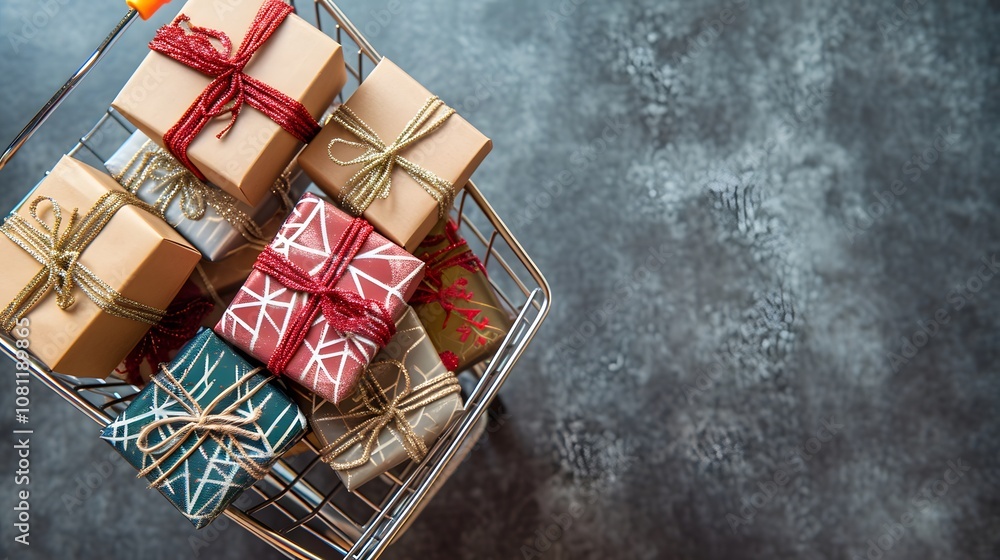 Poster a topdown view of a shopping cart filled with neatly stacked gift boxes creating an organized and vi