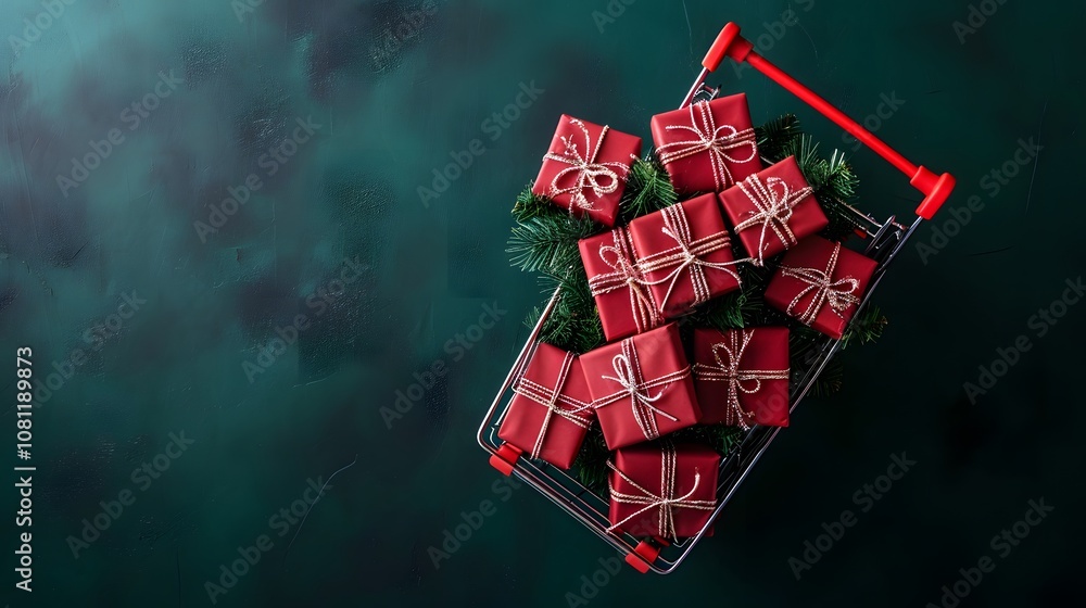 Poster a topdown view of a shopping cart filled with neatly stacked gift boxes creating an organized and vi