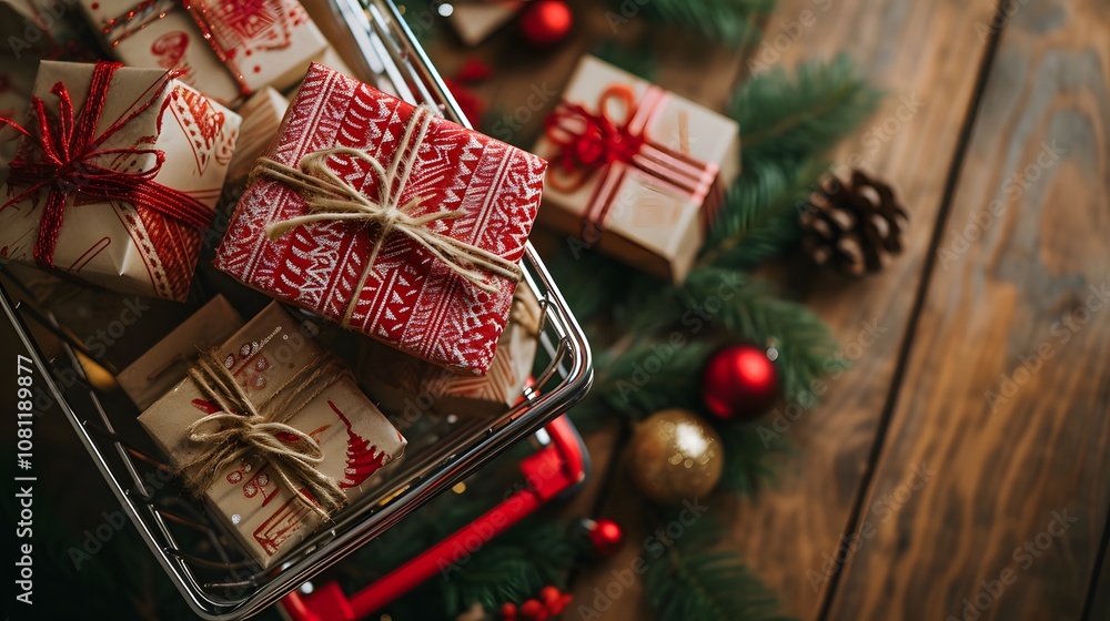 Aufkleber a topdown view of a shopping cart filled with neatly stacked gift boxes creating an organized and vi