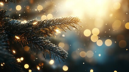 Close-up of a Frosted Pine Branch with Twinkling Lights and a Bokeh Background