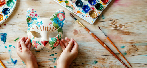 Cat mask painting. Carnival costume for Halloween, furry, therian or quadrobics subculture. Mask painting for masquerade party. Child craft art. Top view of table with pains, hands and cat face art