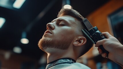 Man getting a stylish haircut at a modern barbershop using highend clippers and grooming products