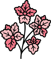 Pink floral cluster with decorative leaves illustration, Vector illustration of a cluster of pink flowers with detailed leaves, featuring a bold black outline and a vibrant, decorative design.
