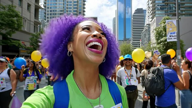 A lively crowd fills the streets with laughter and colorful balloons as participants celebrate diversity during an energetic summer parade in the city center