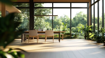 Modern Home with Expansive Windows Overlooking Lush Greenery