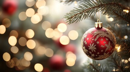 Obraz premium Red and Gold Christmas Ornament Hanging on a Pine Branch