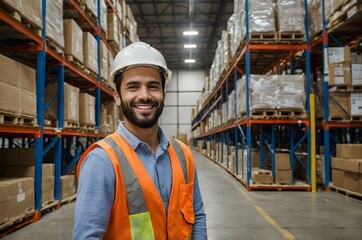 Happy warehouse boy posing in a neat storage facility. Captures the positive work environment in a depot setting. Great for warehouse stock photos.