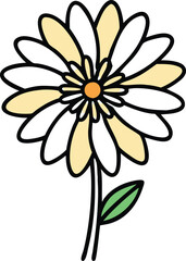 Yellow and white daisy flower illustration, Vector illustration of a daisy flower with alternating yellow and white petals, an orange center, and a green leaf on the stem.
