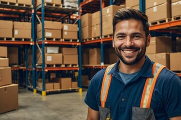 Confident young man in a warehouse setting, wearing a safety vest. Captures the essence of professionalism in logistics and storage.