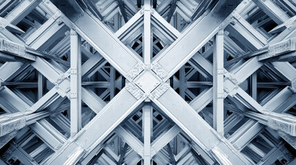 Naklejka premium Metal intersecting beams creating geometric pattern. Abstract background. Metal bridge structures. Steel use for bridge construction.