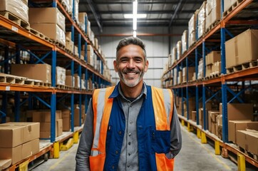 Friendly storehouse employee in safety vest, surrounded by stocked shelves. Ideal for retail, warehouse management, and logistics-related themes.