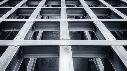 Obraz premium Metal intersecting beams creating geometric pattern. Abstract background. Metal bridge structures. Steel use for bridge construction.