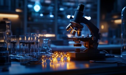 Microscope focusing on a glowing molecular structure on a laboratory table, surrounded by scientific instruments and glassware, in a modern lab environment