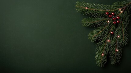 Christmas pine branch with red berries on dark background