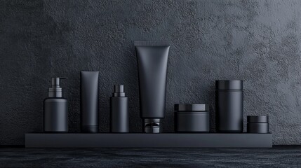 Matte black skincare containers on dark textured surface